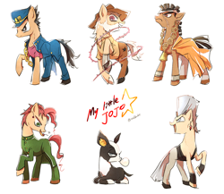 Size: 1500x1300 | Tagged: safe, artist:raichi, iggy, jean pierre polnareff, jojo's bizarre adventure, joseph joestar, jotaro kujo, mohammed avdol, noriaki kakyoin, pixiv, ponified, the mane is the hat