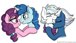 Size: 2560x1430 | Tagged: safe, artist:drako1997, double diamond, night glider, party favor, sugar belle, earth pony, pegasus, pony, unicorn, the cutie map, bedroom eyes, biting, blushing, boop, clothes, equal four, eyes closed, female, hickey, hug, kissing, love bite, male, mare, neck biting, neck kiss, nightdiamond, noseboop, partybelle, scarf, shipping, simple background, stallion, straight, transparent background