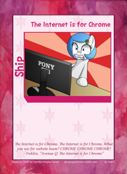 Size: 889x1214 | Tagged: safe, artist:10art1, oc, oc only, oc:google chrome, avenue q, browser ponies, card, google chrome, implied porn, ponified, scared, shipping, solo, sunburst background, the internet is for porn, twilight sparkle's secret shipfic folder