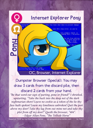 Size: 889x1214 | Tagged: safe, artist:10art1, oc, oc only, oc:internet explorer, pony, blue screen of death, browser ponies, card, edgar allan poe, internet explorer, ponified, solo, the raven, twilight sparkle's secret shipfic folder, worst pony