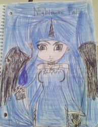 Size: 1488x1920 | Tagged: safe, artist:rwbyrebirthfantasy, nightmare moon, hybrid, equestria girls, antagonist, breasts, cinder fall, crossover, female, fire, fusion, horn, horned humanization, humanized, lined paper, rooster teeth, rwby, solo, teacher, traditional art, winged humanization, wings