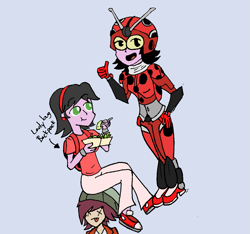 Size: 1187x1111 | Tagged: safe, artist:normal drawfag, normal norman, equestria girls, /mlp/, background human, clothes, colored, costume, electro wave human tackle, humanized, kamen rider, kamen rider stronger, kate the ladybug