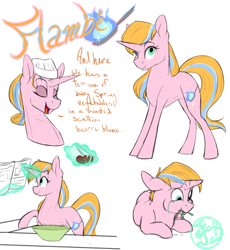 Size: 2000x2172 | Tagged: safe, artist:farewelldecency, oc, oc only, oc:flambé, eating, male to female, offspring, parent:flash sentry, parent:sunset shimmer, parent:twilight sparkle, parents:flashlight, parents:flashlightshimmer, reference sheet, transgender