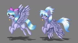 Size: 1280x706 | Tagged: safe, artist:virginiaguf, cloudchaser, flitter, ear fluff, flying, tongue out