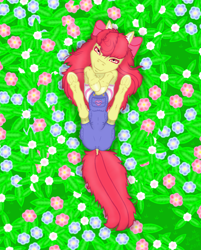 Size: 870x1080 | Tagged: safe, artist:healer-and-protecter, artist:radita, apple bloom, field, flower, grass, heart, overalls, pose, smiling, solo, sunny, underhoof