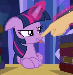 Size: 839x861 | Tagged: safe, edit, edited screencap, screencap, twilight sparkle, twilight sparkle (alicorn), alicorn, pony, made in manehattan, :p, :t, book, bookshelf, boop, boop edit, cute, female, finger, floppy ears, frown, glare, glowing horn, grumpy, grumpy twilight, hand, levitation, magic, mare, table, telekinesis, tongue out, twiabetes