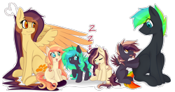 Size: 5000x2618 | Tagged: safe, artist:ruef, oc, oc only, oc:daylight daydreams, oc:glitch, oc:lessi, oc:sunrise sorbet, oc:tuft knut, family, female, filly, foal, glessi, shipping