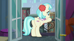 Size: 1920x1067 | Tagged: safe, screencap, coco pommel, pony, made in manehattan, balcony, coco's apartment, female, frown, mare, plot, sad, solo