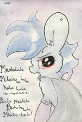 Size: 679x1007 | Tagged: safe, artist:slightlyshade, nightshade, pegasus, pony, clothes, female, mare, shadowbolts, socks, solo, speech, traditional art