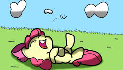 Size: 984x558 | Tagged: safe, artist:voicesandinks, apple bloom, earth pony, pony, female, filly, simple background, solo