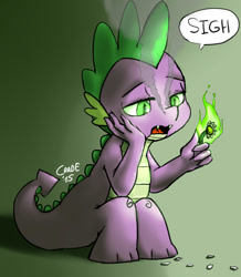 Size: 724x829 | Tagged: safe, artist:crade, spike, dragon, fire, flower, sad, solo