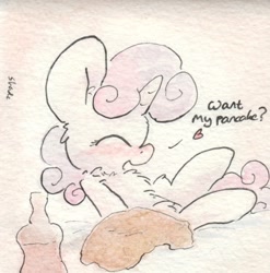 Size: 684x692 | Tagged: safe, artist:slightlyshade, sweetie belle, blushing, pancakes, sharing, solo, syrup, traditional art