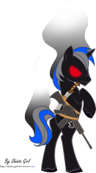 Size: 1843x3317 | Tagged: safe, artist:shinta-girl, oc, oc only, oc:stormy blackrain, gun, knife, rearing, red eyes, solo, weapon