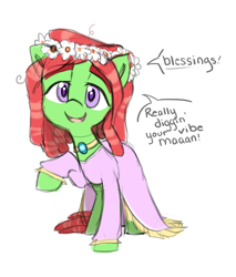 Size: 1700x2000 | Tagged: safe, artist:meotashie, tree hugger, make new friends but keep discord, clothes, cute, dialogue, dress, gala dress, huggerbetes, solo