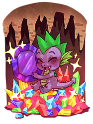 Size: 299x400 | Tagged: safe, artist:venomousjello, spike, dragon, blushing, cute, dragon hoard, eyes closed, gem, hoard, male, open mouth, rubbing, smiling, solo, sparkles, spikabetes, treasure