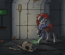Size: 1590x1340 | Tagged: safe, oc, oc only, oc:littlepip, pony, unicorn, fallout equestria, alternate design, bone, clothes, colored hooves, dead, fanfic, fanfic art, female, floppy ears, hammer, hooves, horn, mare, pipbuck, saddle bag, skull, solo, vault suit