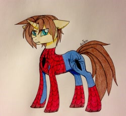Size: 2491x2289 | Tagged: safe, artist:ameliacostanza, pony, unicorn, clothes, floppy ears, male, peter parker, ponified, slit eyes, solo, spider-man, spiders and magic iv: the fall of spider-mane, spiders and magic: rise of spider-mane, stallion, traditional art