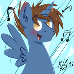 Size: 600x600 | Tagged: safe, artist:morroderthefreakyguy, oc, oc only, oc:headlong flight, alicorn, pony, alicorn oc, blushing, bust, cute, looking at you, music notes, open mouth, portrait, singing, smiling, solo, spread wings, swirly eyes