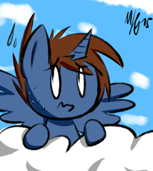 Size: 834x931 | Tagged: safe, artist:morroderthefreakyguy, oc, oc only, oc:headlong flight, alicorn, pony, alicorn oc, chibi, cloud, cloudy, cute, scared, simple background, solo