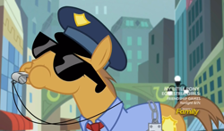 Size: 1729x1018 | Tagged: safe, screencap, rivet, earth pony, pony, made in manehattan, clothes, hand cuffs, male, necktie, police officer, police uniform, shirt, solo, stallion, sunglasses, whistle