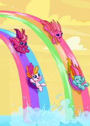 Size: 640x900 | Tagged: safe, screencap, cheerilee (g3), pinkie pie (g3), rainbow dash (g3), toola roola, g3, g3.5, twinkle wish adventure, g3 panorama, rainbow, rainbows, sliding, smiling, somewhere super new