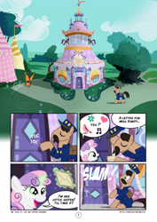 Size: 2894x4093 | Tagged: safe, artist:mister-saugrenu, sweetie belle, butterfly, earth pony, pony, unicorn, comic:art block, carousel boutique, comic, letter, mailpony