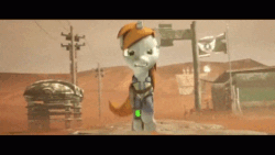 Size: 480x270 | Tagged: safe, artist:herostrain, oc, oc only, oc:littlepip, pony, unicorn, fallout equestria, 3d, animated, background deadpool, bus stop, clothes, deadpool, desert, fanfic, fanfic art, female, flag, gif, horn, mare, new lunar republic, out of the frying pan, pipbuck, power line, running, solo, source filmmaker, vault suit, wasteland, youtube link