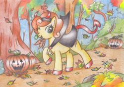 Size: 1355x955 | Tagged: safe, artist:miyukikyki, carrot top, golden harvest, earth pony, pony, autumn, carrot, clothes, colored pencil drawing, costume, cute, cutie top, devil horns, jack-o-lantern, leaves, mouth hold, nightmare night, one eye closed, pumpkin, raised hoof, smiling, traditional art, wink