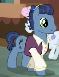 Size: 447x577 | Tagged: safe, screencap, pearly stitch, earth pony, pony, made in manehattan, background pony, clothes, male, shirt, solo, stallion, vest