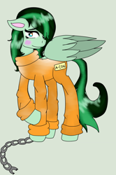 Size: 1024x1544 | Tagged: safe, artist:bluestarthepony, oc, oc only, oc:eden shallowleaf, blushing, broken chains, chains, clothes, prison outfit, smiling, solo