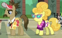 Size: 546x340 | Tagged: safe, screencap, globe trotter, lemon chiffon, earth pony, pony, made in manehattan, background pony, big hair, camera, clothes, female, glasses, hawaiian shirt, lei, male, mare, shirt, stallion, tourist, visor