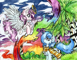 Size: 2178x1695 | Tagged: safe, artist:iroxykun, oc, oc only, oc:freckles, oc:nyla, alicorn, angel, earth pony, pony, alicorn oc, cloud, cloudy, horn, rainbow, sky, sunset, tree, wings