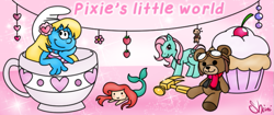 Size: 775x327 | Tagged: safe, artist:shini-smurf, minty, oc, oc:mario, oc:prima, oc:teddy, g3, ariel, cherry, crossover, cupcake, flower, food, hammer, midriff, plushie, smurfs, teacup, the little mermaid, wreck-it ralph