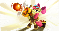 Size: 1920x1032 | Tagged: safe, artist:sapsan, apple bloom, apple, gun, league of legends, smiling, solo, tristana