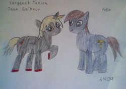 Size: 628x443 | Tagged: safe, artist:animenerd09, calhoun, fix-it felix jr., ponified, traditional art, wreck-it ralph