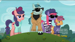 Size: 1920x1080 | Tagged: safe, screencap, late show, on stage, raspberry beret, stardom, earth pony, pony, made in manehattan, beret, clothes, discovery family logo, female, hat, male, mare, method mares, shirt, stallion, sunglasses, sweater, trenchcoat, turtleneck