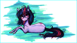 Size: 3400x1910 | Tagged: safe, artist:wirbelsaule, twilight sparkle, glasses, messy mane, solo, traditional art