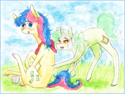 Size: 2545x1922 | Tagged: safe, artist:wirbelsaule, bon bon, lyra heartstrings, sweetie drops, female, lesbian, lyrabon, shipping, traditional art