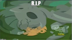 Size: 643x363 | Tagged: safe, edit, edited screencap, screencap, made in manehattan, applejack's damaged hat, applejack's hat, applejack's hat's death, bad end, caption, hat, rest in peace, wat