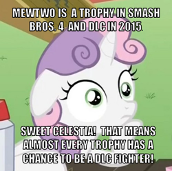 Size: 494x493 | Tagged: safe, sweetie belle, pony, unicorn, exploitable meme, female, filly, horn, image macro, insane troll logic, meme, mewtwo, pokémon, solo, sudden clarity sweetie belle, super smash bros., super smash bros. 4, text, two toned mane, white coat, wide eyes