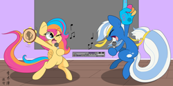 Size: 600x300 | Tagged: safe, artist:lightningnickel, oc, oc only, oc:azura peavielle, oc:golden gates, babscon, babscon mascots, musical instrument, ponyville live, singing, tambourine