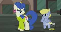 Size: 1260x666 | Tagged: safe, screencap, blueberry curls, bubblegum blossom, cloudy daze, curtain call, earth pony, pegasus, pony, made in manehattan, background pony, begging, bow, clothes, colt, discovery family logo, earring, female, hair bow, mare, mother and child, mother and son, parent and child, piercing, raised eyebrow, shirt