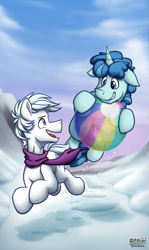 Size: 907x1519 | Tagged: safe, artist:bcpony, double diamond, party favor, earth pony, pony, unicorn, the cutie map, ball, beach ball, bouncing, clothes, cute, favorbetes, gay, male, partydiamond, scarf, shipping