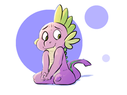 Size: 1280x960 | Tagged: safe, artist:imsokyo, spike, dragon, abstract background, baby, baby dragon, commission, cute, male, nervous, sitting, solo, spikabetes