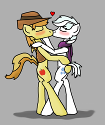 Size: 2000x2384 | Tagged: safe, artist:jrapcdaikari, braeburn, double diamond, blushing, braediamond, clothes, everypony's gay for braeburn, everypony's gay for double diamond, gay, heart, kissing, male, scarf, shipping