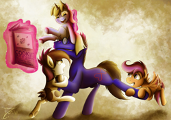 Size: 1250x878 | Tagged: safe, artist:jamescorck, dinky hooves, pipsqueak, scootaloo, oc, oc:infinite affection, book, magic