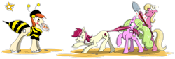 Size: 1600x542 | Tagged: safe, artist:amberpendant, daisy, flower wishes, lily, lily valley, roseluck, oc, angry, bee costume, clothes, flower trio, mouth hold, shovel, tail, tail pull