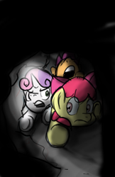 Size: 1650x2550 | Tagged: safe, artist:nayolfa, apple bloom, scootaloo, sweetie belle, 30 minute art challenge, cave, cave exploring, cutie mark crusaders, low light, magic