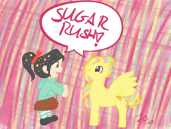 Size: 1632x1224 | Tagged: safe, artist:kowala159, oc, oc:sugar rush, crossover, dialogue, vanellope von schweetz, wreck-it ralph