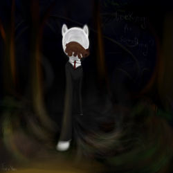 Size: 2000x2000 | Tagged: safe, creepypasta, dialogue, forest, night, ponified, slenderman, slenderpony, solo, teddy bear